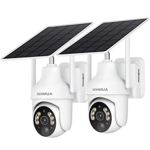 SEHMUA White 2-Pack 2K Solar WiFi Security Cameras with Pan/Tilt, Night Vision, Two-Way Audio