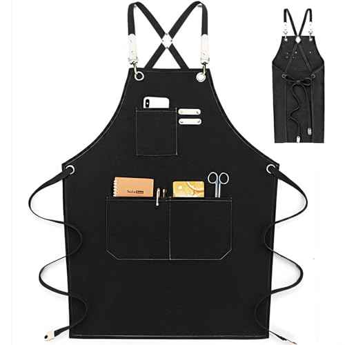 Apron for Women and Men - Adjustable Vintage Distressed Cotton Bib Aprons with Large Pockets for Cooking