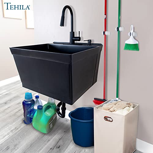 Black Wall-Mounted Utility Sink Kit with Faucet - Space-Saving Laundry & Workshop Tub
