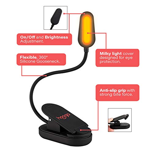 Hooga Amber Book Light - Rechargeable Clip-On Blue Light Blocking Reading Light, 1600K Warm Eye Care for Bed, Travel, Kids