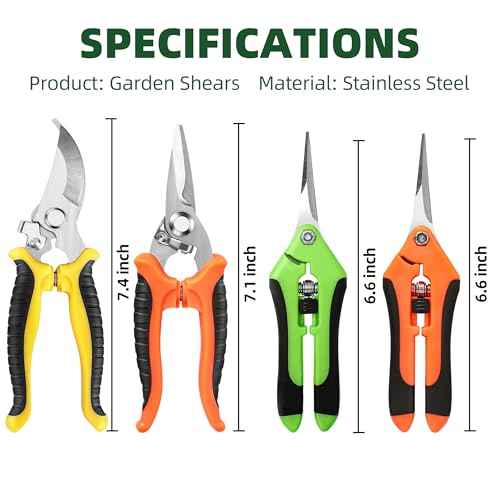 4 Pack Garden Pruning Shears, Stainless Steel Garden Shears, Gardening Shears, Garden Scissors, Clippers, Pruning Snips, Pruning Shears for Gardening Tools (4PCS Yellow Orange Green)