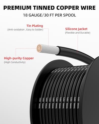 NAOEVO 18 AWG Tinned Copper Silicone Wire 30ft - Automotive & Electrical Use