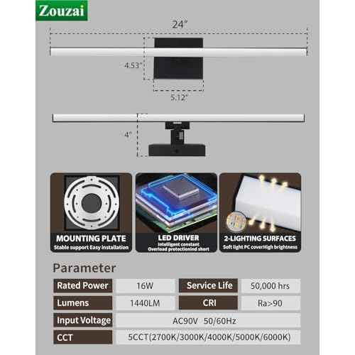 zouzai Second Generation Modern LED Bathroom Vanity Light Bar Black IP44 Over Mirror Bath Wall Fixture 5CCT Adjustable, Dual-Sided, 180¡Æ Adjustable Angle (24 inch)