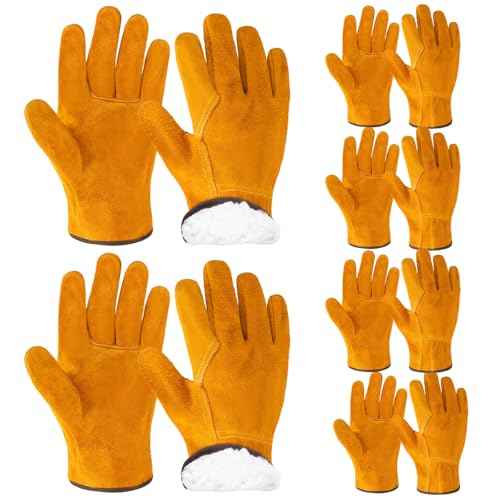 Lasnten 6 Pairs Winter Cowhide Leather Work Gloves Thick Thermal Imitation Lambswool Extra Grip Flexible Warm for Working in Cold Weather for Men