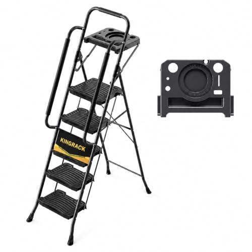 KINGRACK 5-Step Ladder with Tool Tray & Handrails, Folding Steel Safety Step Stool for Home & Garage, 900 lbs Capacity