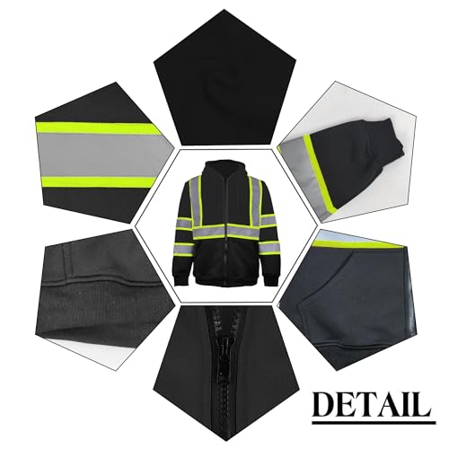 Hi Vis Safety Hoodie for Men ANSI Class 3, Reflective Jacket Zip Hoodie with Black Bottom for Construction Work