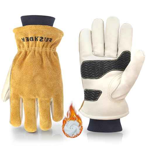 Mens Winter Work Gloves Insulated Waterproof Leather, Thinsulate Thermal Lining with Anti-Slip Palm for Cold Weather