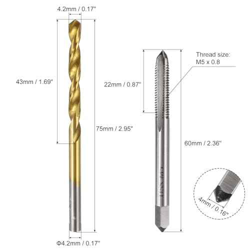 uxcell Metric Tap & Drill Bit Set, 2pcs M5 x 0.8 Straight Flute Thread Taps and 2pcs 4.2mm Twist Drill Bits Titanium Coated, HSS6542 Screw Tapping Threading Tools