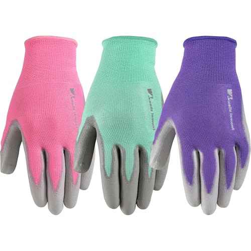 Wells Lamont Gardening Gloves for Women ? Breathable Polyester, Seamless Fit ? PU-Coated Palm for Grip & Durability ? Elastic Wrist ? Pink/Green/Purple, Medium, Pack of 3 (413MF)