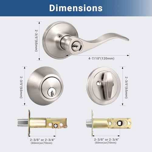Knobonly 2 Pack Keyed Alike Front Door Handle with Single Cylinder Deadbolt, Satin Nickel Exterior Door Lock Set, Zinc Alloy