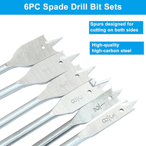 6pcs Spade Drill Bits, Heavy Duty Hex Shank Hole Cutter Titanium Coating Carbon Steel, Sturdy Paddle Bits for Woodworking DIY Enthusiasts
