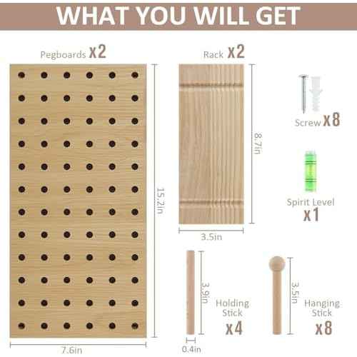 Beige Wood Pegboard Modular Display Wooden Pegboard Combination Wall Organizer Storage Wall Hooks Shelf for Home, Office, Bathroom, Comes with 2 Pieces Pegboards