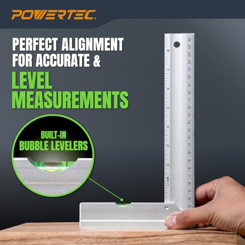 POWERTEC L Square 3pc Set – Try Square with Bubble Levels for Router Fence, Table Saw, Woodworking (80005)