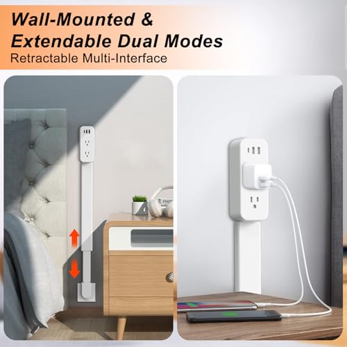 White Adjustable Rotating Outlet Extender with USB-C & USB-A - 22-34 Inches
