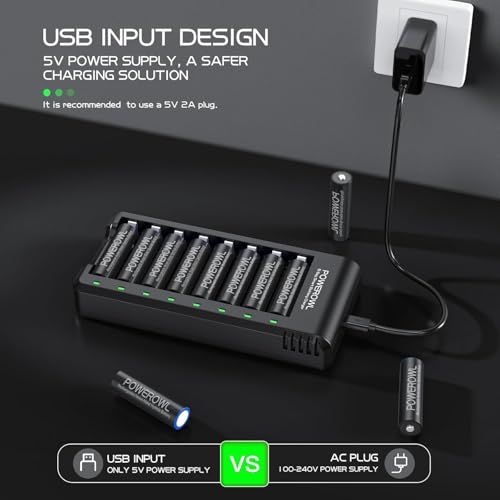 POWEROWL 8 Bay AA AAA Battery Charger - 1 Pack USB Rechargeable Ni-MH/NiCd