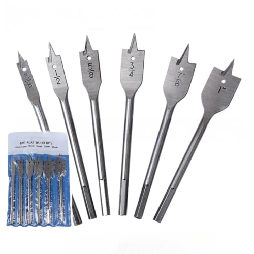 6PCS Spade Drill Bit Set Paddle Flat Bits, 3/8"-1",Hex Shank Quick Change Wood Drill Bit Set,Flat Wood Hole Cutter