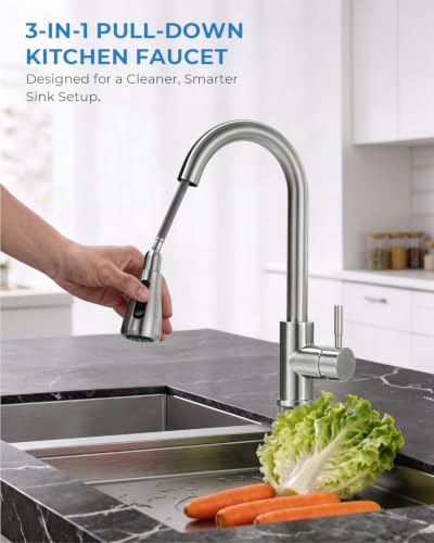VFAUOSIT Brushed Nickel Kitchen Faucet with Pull Down Sprayer, Modern Bar Sink Tap