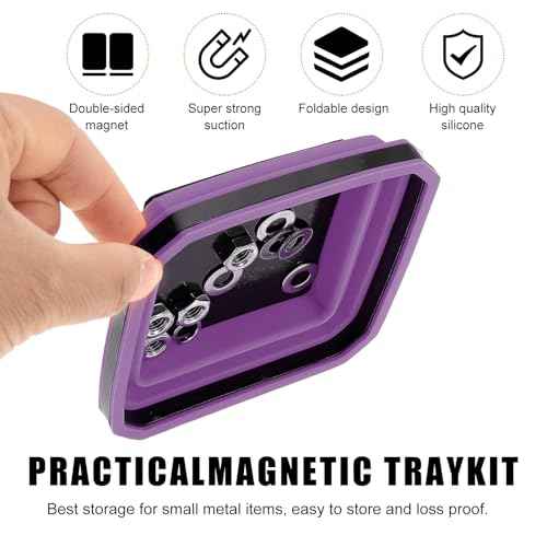 Collapsible Magnetic Parts Tray, 4.5 Inch Foldable Magnetic Square Silicone Tray, Tool Tray Set with Double-Sided Magnetic Base for Screw Bolts Nuts Pins, Car Accessories (Purple)
