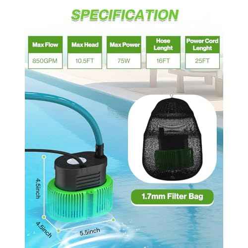 Pool Cover Pump above Ground - Submersible Water Sump Pump Swimming Water Removal Pumps, with Drainage Hose & 25 Feet Extra Long Power Cord, 850 GPH inGround, 3 Adapters