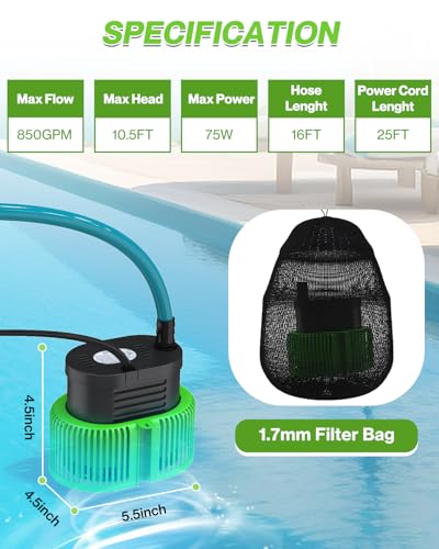 AgiiMan Green 850GPH Submersible Pool Cover Pump Above Ground Drainer