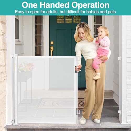 42 Inch Extra Tall Baby Gates for Doorways 55" Wide Retractable Dog Gate Indoor 3.5ft Extra Tall Baby Gates for Dogs Outdoor Retractable Gate for Stairs Prevent Kids/Pets from Jumping Over, White