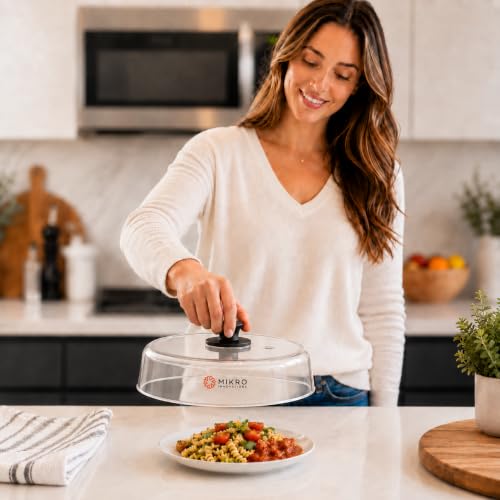 Mikro Innovations 10.5-Inch Borosilicate Glass Microwave Splatter Cover with Vent Hole – Black 1 Pack, Easy-Grip Silicone Handle, BPA-Free, Dishwasher Safe