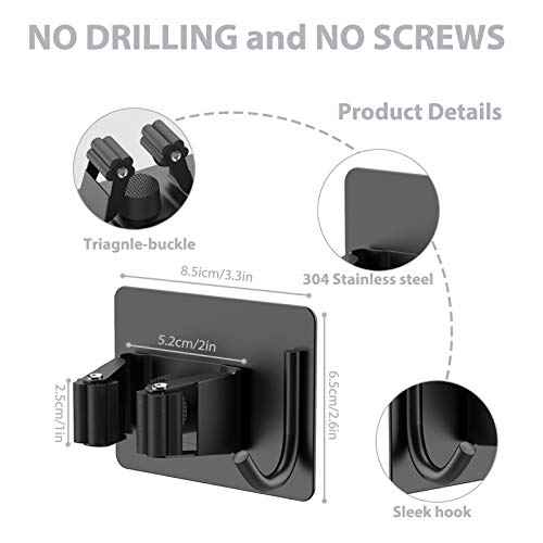 Mop Broom Holder No Drill, Mop Broom Organizer Wall Mounted Heavy Duty with Hooks Hanger, Self Adhesive Stainless Steel 6Pcs for Bathroom, Kitchen, Office (Black)