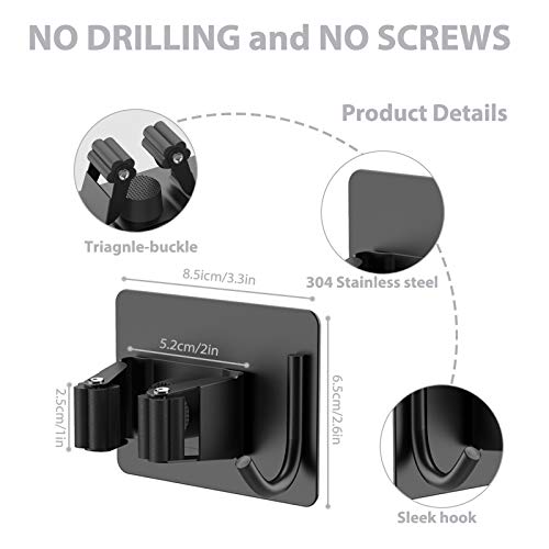Mop Broom Holder No Drill, Mop Broom Organizer Wall Mounted Heavy Duty with Hooks Hanger, Self Adhesive Stainless Steel 6Pcs for Bathroom, Kitchen, Office (Black)