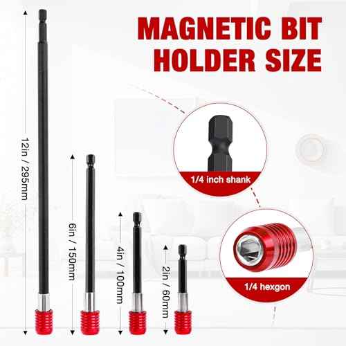 Drill Bit Extension 2/4/6/12¡¯¡¯, Magnetic Bit Holder 4 Pcs, Drill Extension Bit Holder 1/4¡¯¡¯ Hex, Bit Holder for Impact Driver CR-V Steel Quick Release for Screwdriver Bit Nut Drill Socket by XIOGZAXI