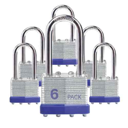 Lock Outdoor Padlocks, Key Lock, Padlocks with Same Key - Laminated Steel Keyed Padlocks with Long Shackle, 6 Pack, for Hasp Latch, Sheds, Fences, Storage Locker, School, Gym
