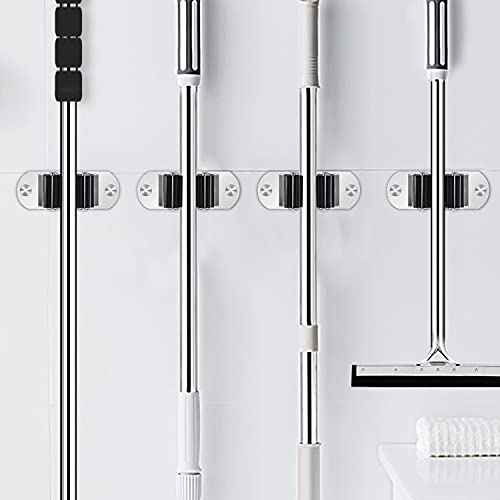 Mop and Broom Holder Wall Mount Heavy Duty Stainless Steel Wall Mounted Broom Organizer Laundry Room Home Garden Garage Storage and Organization Rack (Silver)