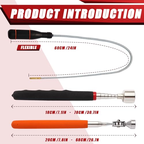 3 Pcs Magnetic Pickup Tool Set - High Quility Telescoping, New Upgrated Extendable Rotating Head, and Flexible Long Magnetic Pickup Tools for Automotive Repair, Home Use, Narrow Space
