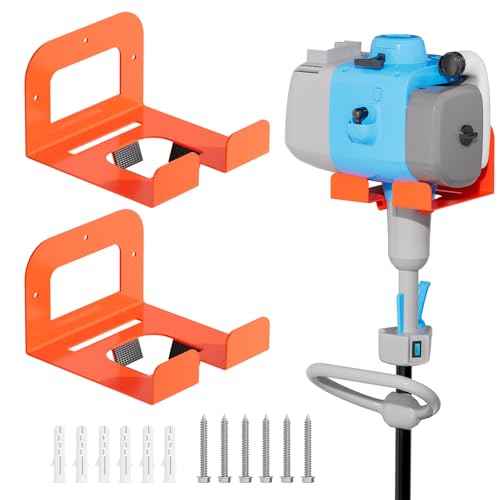 Weedeater Rack, Garage Organization Wall Hangers, Garden Tool Organizer Metal Trimmer Rack, Heavy Duty Hooks for Grass Trimmer, Hedge Trimmer, Garage Tools Storage, Orange 2-Pack
