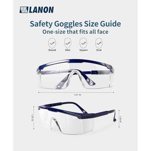 LANON Anti-Fog Safety Goggles with Ajustable Temples, 2.5 Times ANSI Z87.1 Double-sided Antifog, Side Protection, High Transmission, Lightweight & Comfortable Safety Glasses.