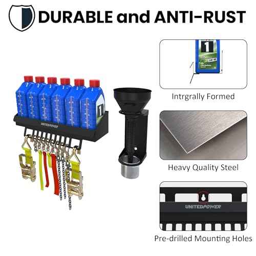 UNITEDPOWER 6 Quart Motor Oil Storage Rack, Bottle Shelf Mount Caddy With Funnel, Enclosed Race Trailer Shop Garage Organizer