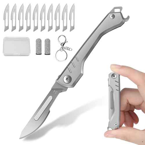 Folding Scalpel Knife, Pocket Keychain Knife for Men, EDC Utility Knives with Bottle Opener, Surgical Knives with 10pcs Replaceable Blades