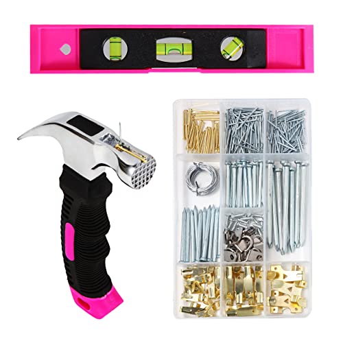 TOYIEW 315pcs Picture Hanging Kit with Hooks Nails & Pink Hammer - Home Decor