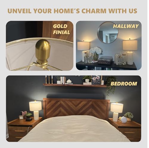 PoKat 20.75" Small Ceramic Table Lamps Set of 2 - Beige & White Modern Bedroom Lighting