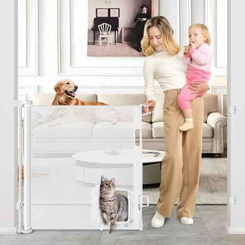 Retractable Baby Gate with Cat Door 55" Wide Retractable Baby Gate for Stairs Mesh Baby Gate with Pet Door Retractable Dog Gate for The House Retractable Pet Gate with Door Safety Gates for Toddlers
