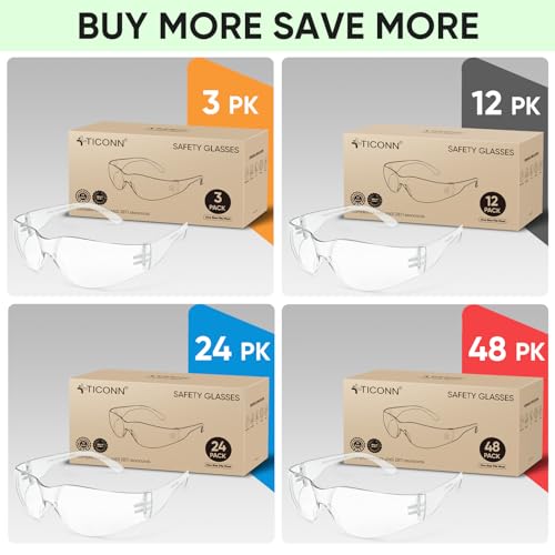 TICONN 3 Pairs Clear Safety Glasses ANSI Z87.1 Protective Goggles for Men & Women