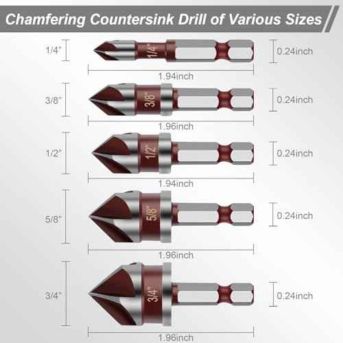 5PCS Countersink Drill Bit Set, 82 Degree HSS Counter Sink Drill Bit for Wood, Metal, Plastic, 1/4"-3/4" with 1/4" Hex Shank Countersink Bit Set