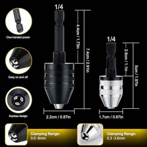 2Pcs Drill Chuck Adapter Keyless, 1/4 Inch Hex Shank Drill Bit Adapter Converter for Impact Driver, Quick Change Impact Drill Chuck Adapter in 0.6-8mm, 0.3-3.6mm for Tool Attachment