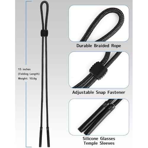 BILIONE Braided Glasses Strap, Eyeglasses & Sunglasses Lanyard Cord for Men Women, Black Eye Glasses Holders Around Neck for Sports, Adjustable Eyewear Retainer Safety String Rope, Pack of 3