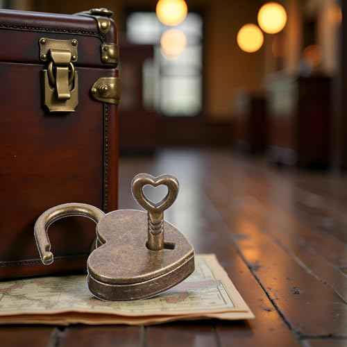 Antique Brass Heart Shape Padlock, Key Lock, Bronze, Padlock, Travel, Storage