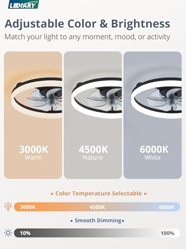 LEDIARY 20-Inch Black Low Profile Modern Ceiling Fan with Lights, APP & Remote