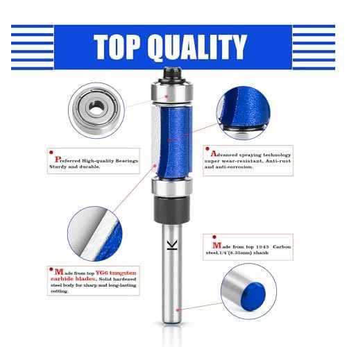 Top and Bottom Bearing Flush Trim Router Bit 1/4 Inch Shank, 1-1/2" Cutting Length,1/2" Cutting Diameter, Carbide Pattern Flush Trim Cut Router bit
