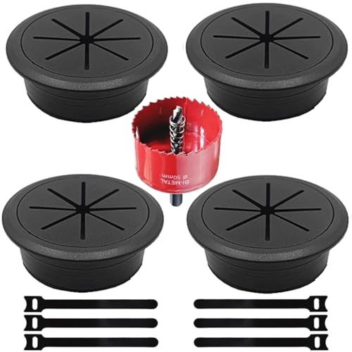 ZLTASYRY 50mm/2 Inch Black Desk Grommet Pack of 4 with Hole Saw & Cable Ties