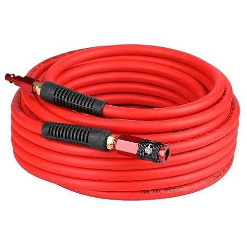 Hybrid Air Hose 1/4 In. x 50 ft, Lightweight, Flexible, Durable Air Compressor Hose with Aluminum Universal Quick Coupler and Industrial Plug, Red