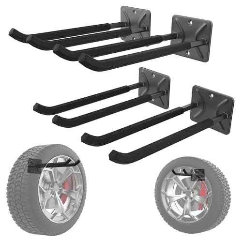 WALMANN Wall Mounted Garage Hooks, Heavy Duty 12-inch Tool Hooks for Hanging, Tool Hangers for Car Tires, Ladders, Folding Chairs, Strollers, Garden Tools (Pack of 4)