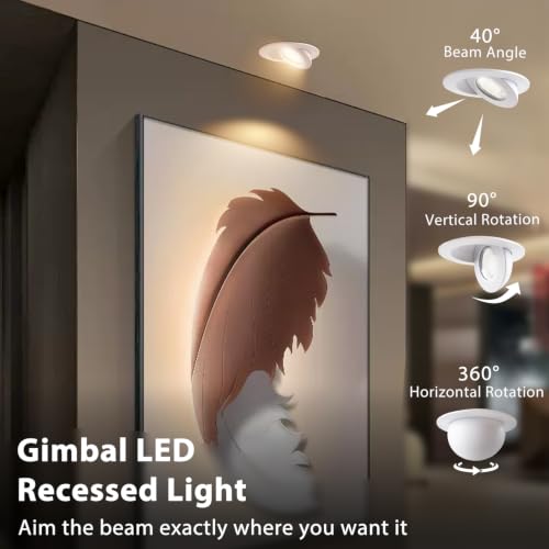 Zouzai 4 Inch Gimbal LED Recessed Lights - 5 CCT, 10W, 980LM, White, 6 Pack
